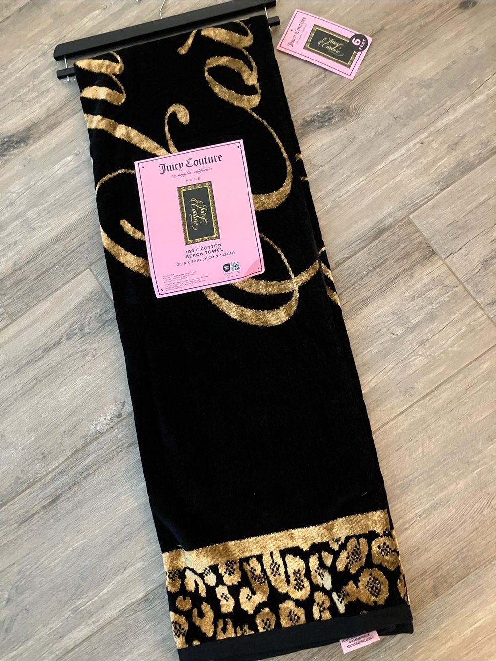 ✨Juicy Couture beach towel leopard print border & logo 6 ft long black gold NWT